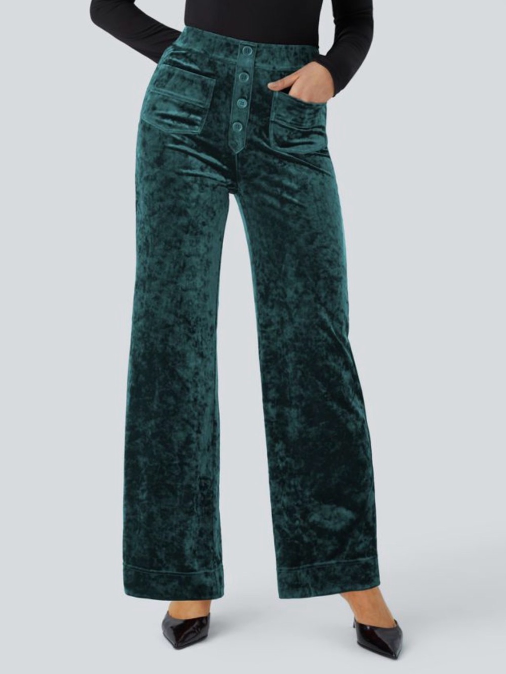 HALARA High Waisted Velvet Straight Leg Pants Emerald Green Large Petite NWOT